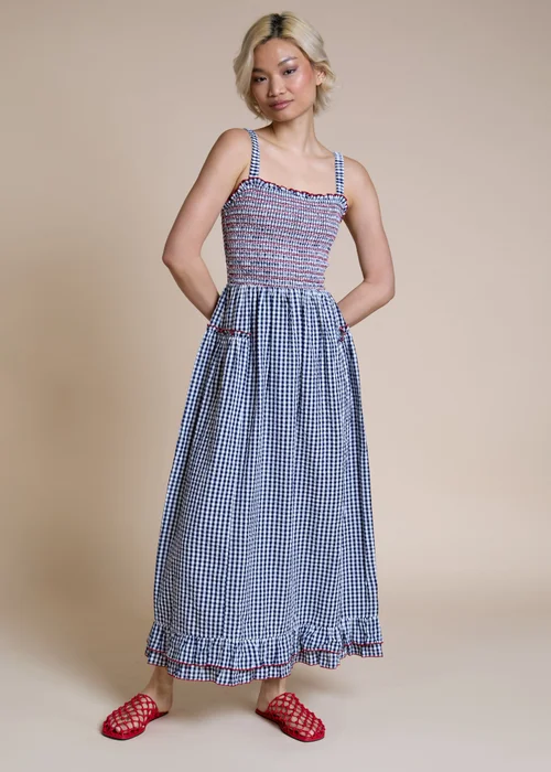 Neon Rose Navy Cotton Blue Shirred Ruffle Detail Midaxi Dress - XS Image 1