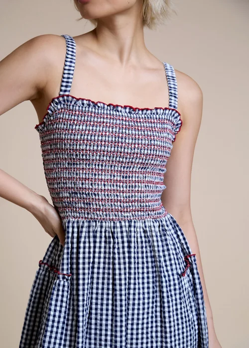 Neon Rose Navy Cotton Blue Shirred Ruffle Detail Midaxi Dress - XS Image 3