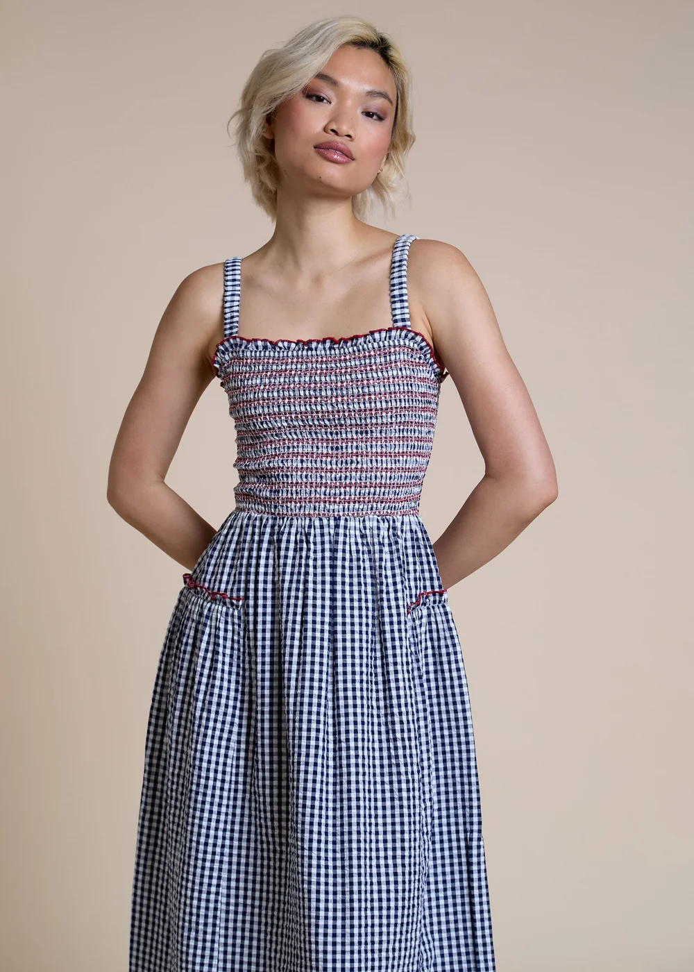 Neon Rose Navy Cotton Blue Shirred Ruffle Detail Midaxi Dress - XS Image 5