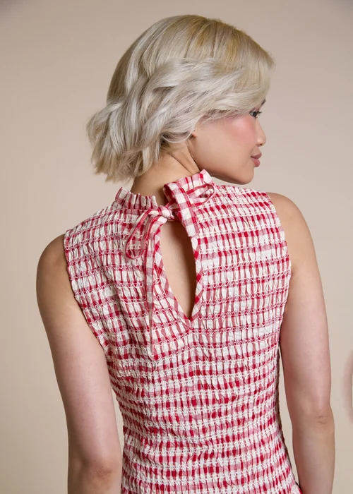 Neon Rose Red Cotton Red Gingham Shirred Bodice Midi Dress - S Image 3