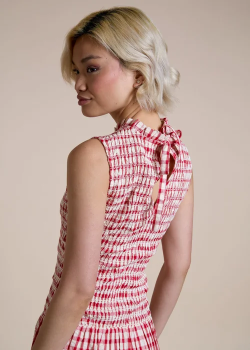 Neon Rose Red Cotton Red Gingham Shirred Bodice Midi Dress - S Image 4