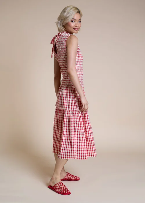 Neon Rose Red Cotton Red Gingham Shirred Bodice Midi Dress - S Image 5