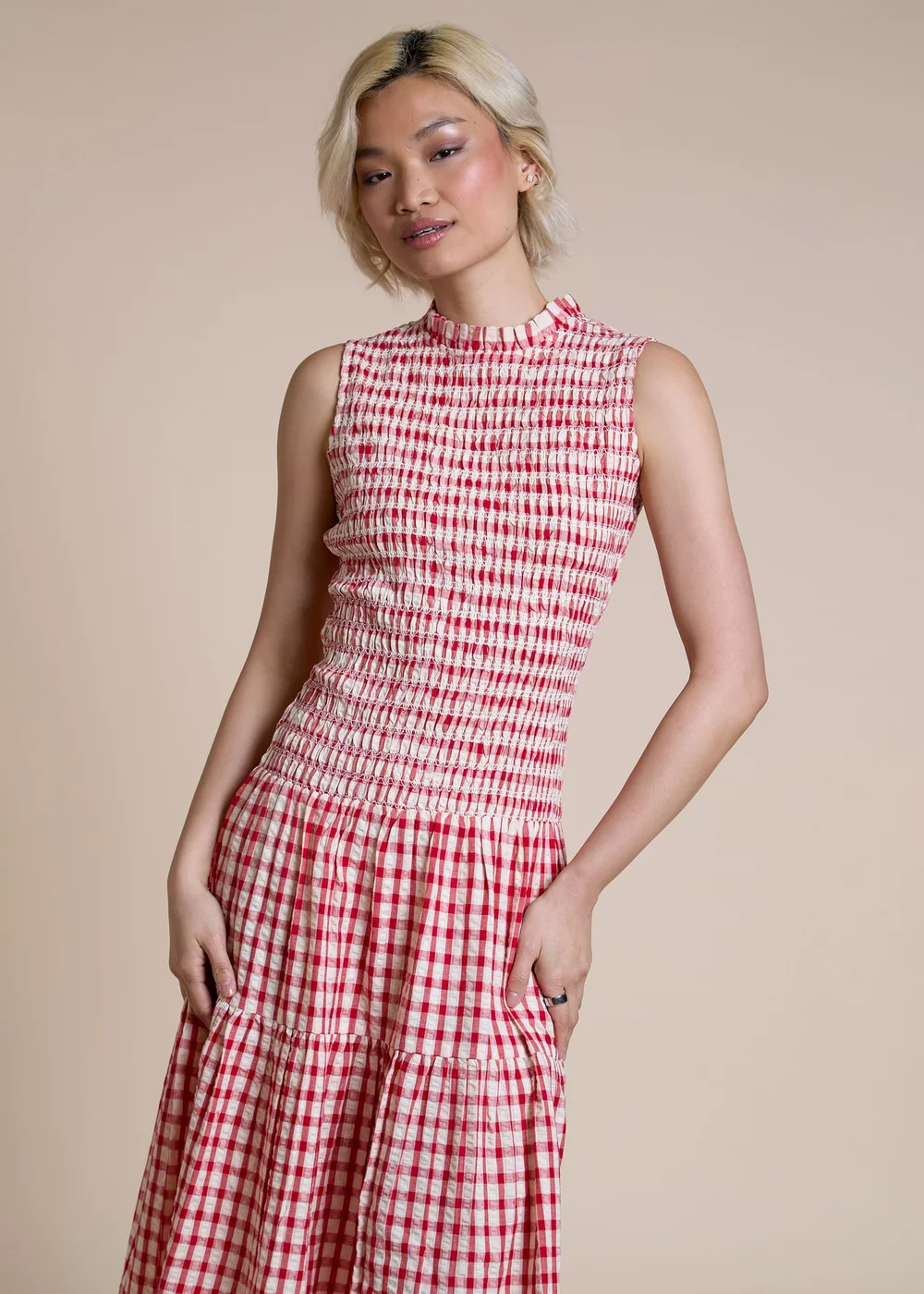 Neon Rose Red Cotton Red Gingham Shirred Bodice Midi Dress - S Image 2