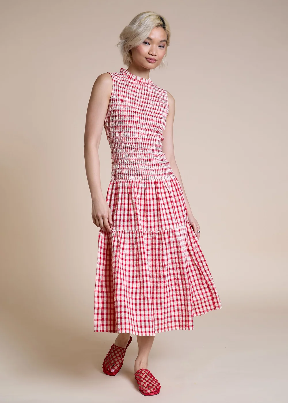 Neon Rose Red Cotton Red Gingham Shirred Bodice Midi Dress - S Image 1