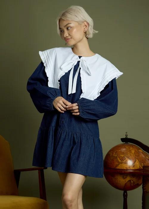 Neon Rose Indigo Cotton Denim Oversized Collar Mini Smock Dress - XS Image 1