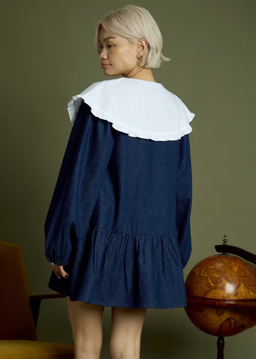 Neon Rose Indigo Cotton Denim Oversized Collar Mini Smock Dress - XS Image 5