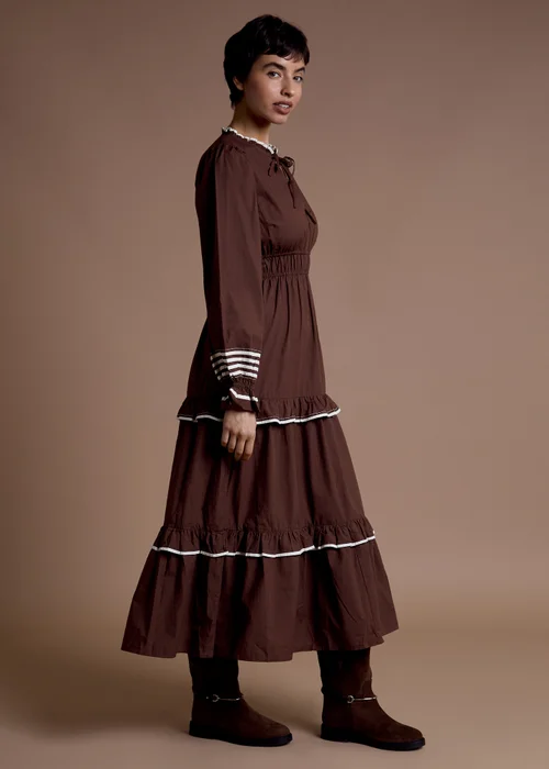 Neon Rose Brown Cotton High Collar Tiered Midaxi Dress - L Image 5