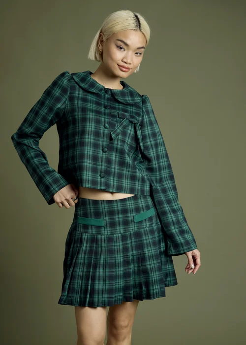 Neon Rose Navy Tartan Bow Detail Cropped Jacket With Collar - S Image 4