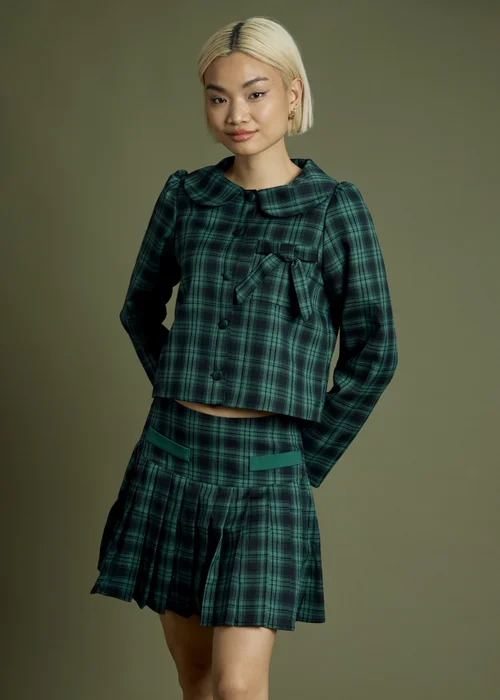 Neon Rose Navy Tartan Bow Detail Cropped Jacket With Collar - S Image 1