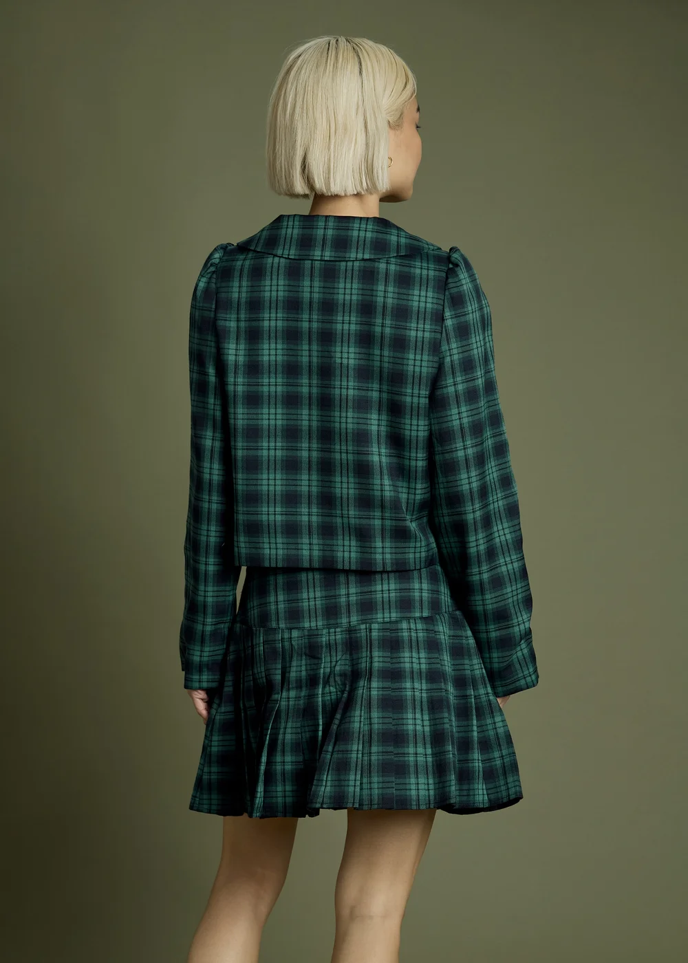 Neon Rose Navy Tartan Bow Detail Cropped Jacket With Collar - S Image 2
