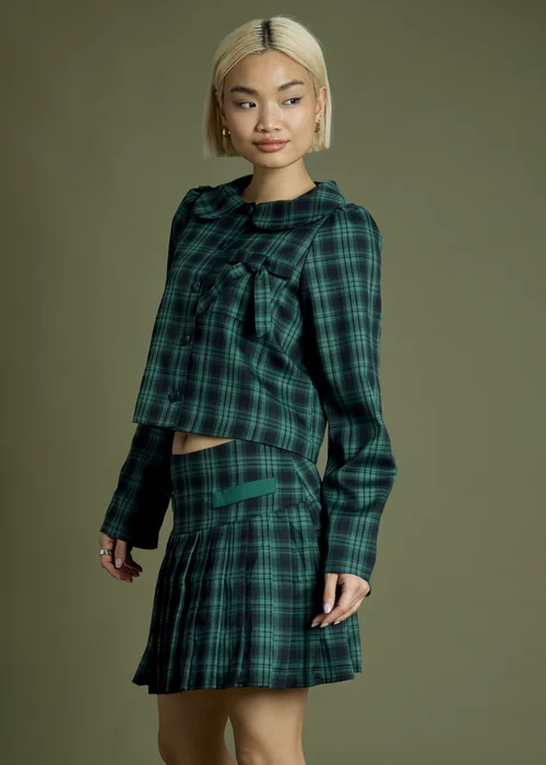 Neon Rose Navy Tartan Bow Detail Cropped Jacket With Collar - S Image 3