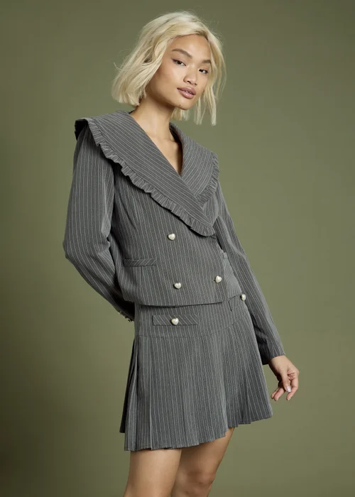 Neon Rose Grey Ruffle Edge Cropped Pinstripe Blazer with Buttons - M Image 3