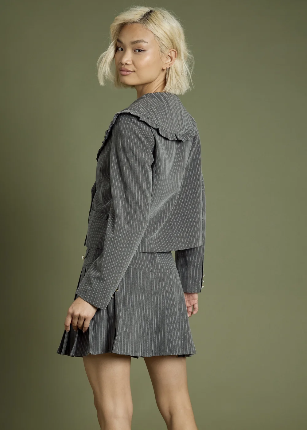 Neon Rose Grey Ruffle Edge Cropped Pinstripe Blazer with Buttons - M Image 2