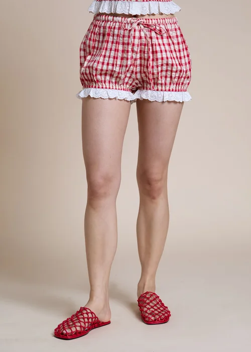 Neon Rose Red Cotton Brown Check Ruffle Edge Co-Ord Shorts - S Image 1