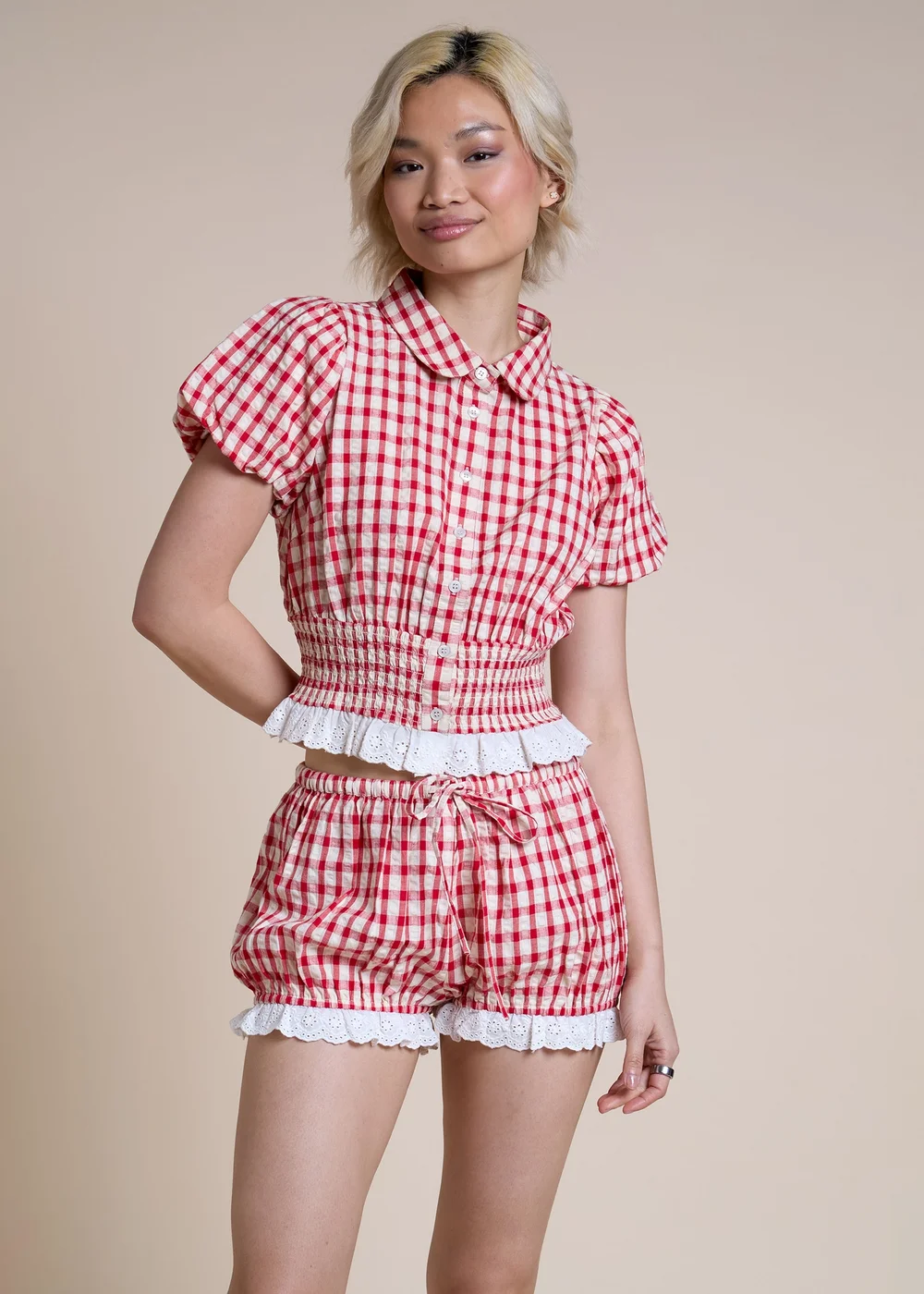 Neon Rose Red Cotton Brown Check Ruffle Edge Co-Ord Shorts - S Image 4