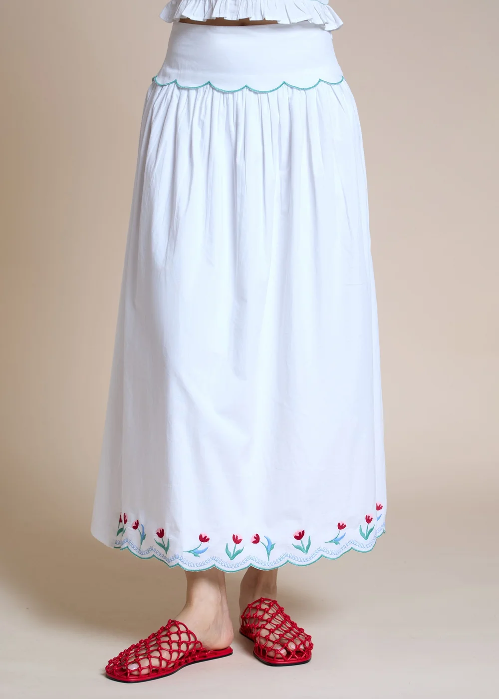 Neon Rose White Embroidered Hem Midaxi Skirt - M Image 1