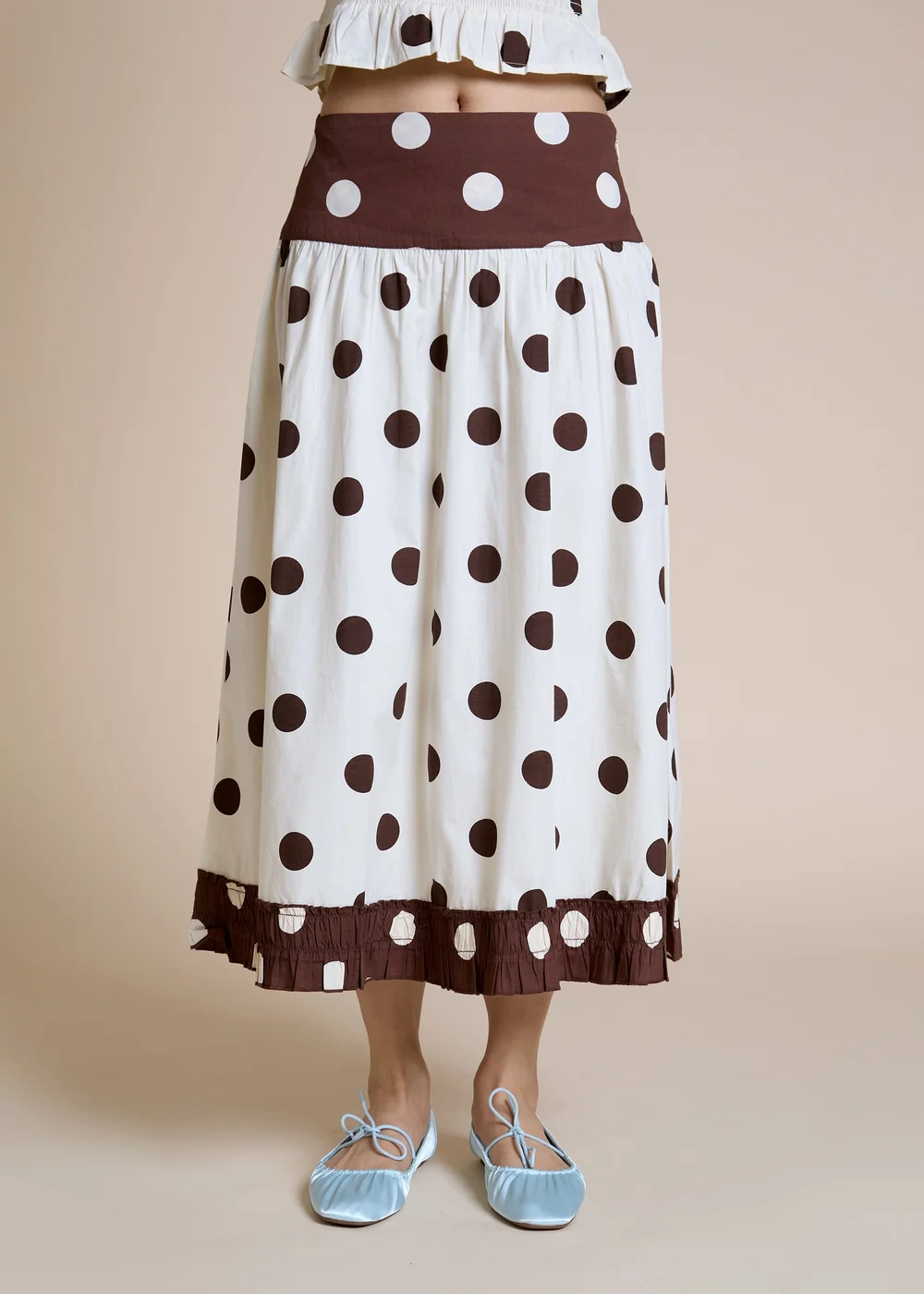 Neon Rose Cotton Brown & Cream Polka Dot Midaxi Skirt - XL Image 1