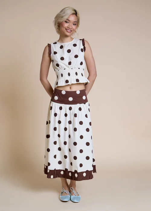 Neon Rose Cotton Brown & Cream Polka Dot Midaxi Skirt - XL Image 4