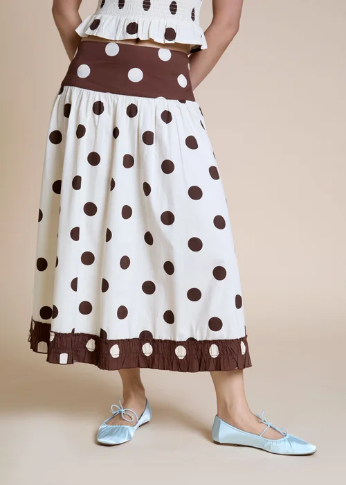 Neon Rose Cotton Brown & Cream Polka Dot Midaxi Skirt - XL Image 5