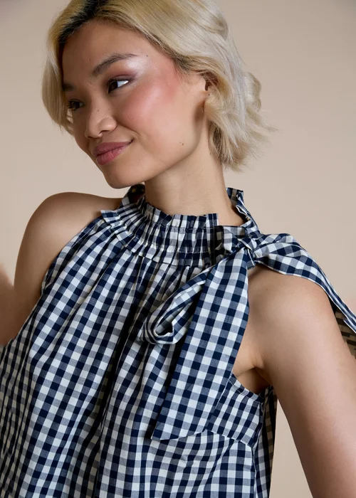 Neon Rose Navy Cotton Gingham Scarf Tie Halter Top - L Image 3