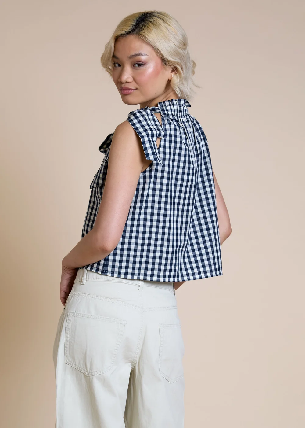 Neon Rose Navy Cotton Gingham Scarf Tie Halter Top - L Image 5