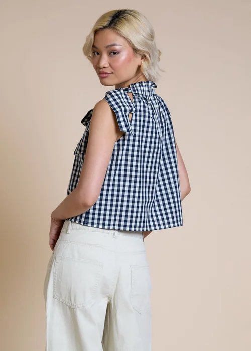 Neon Rose Navy Cotton Gingham Scarf Tie Halter Top - L Image 5