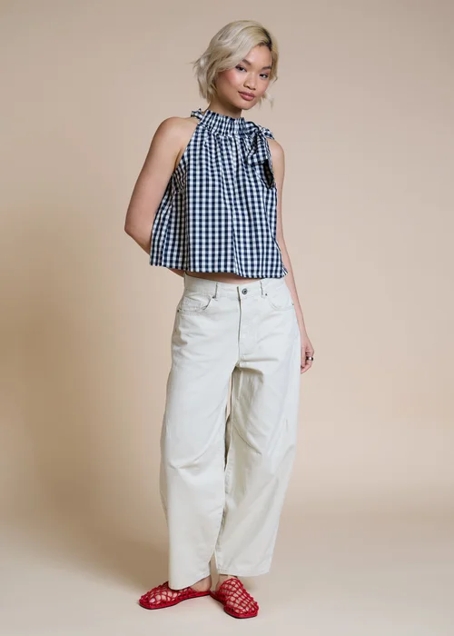 Neon Rose Navy Cotton Gingham Scarf Tie Halter Top - L Image 4