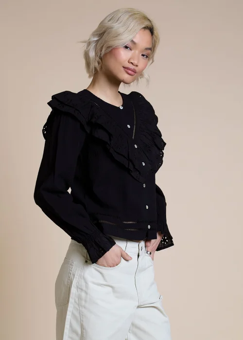 Neon Rose Black Cotton Seersucker Frill Detail Blouse - XS Image 5