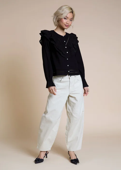 Neon Rose Black Cotton Seersucker Frill Detail Blouse - XS Image 4