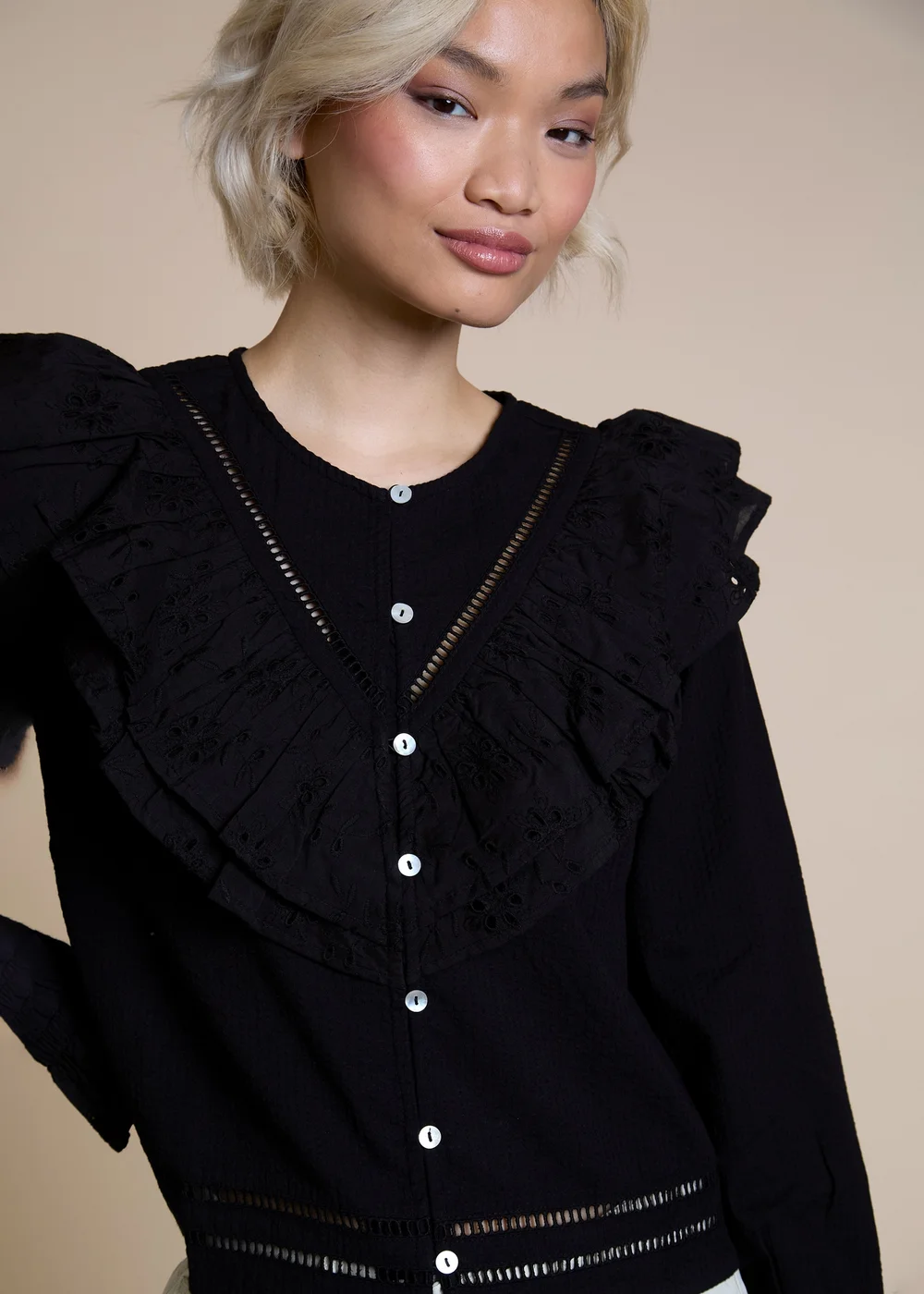 Neon Rose Black Cotton Seersucker Frill Detail Blouse - XS Image 3