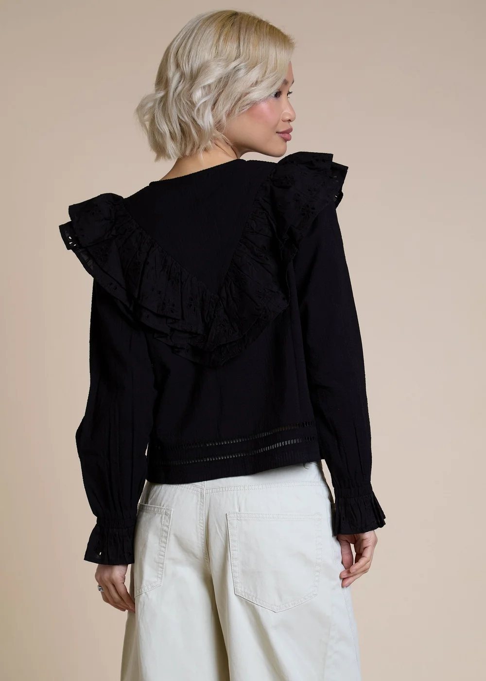 Neon Rose Black Cotton Seersucker Frill Detail Blouse - XS Image 2