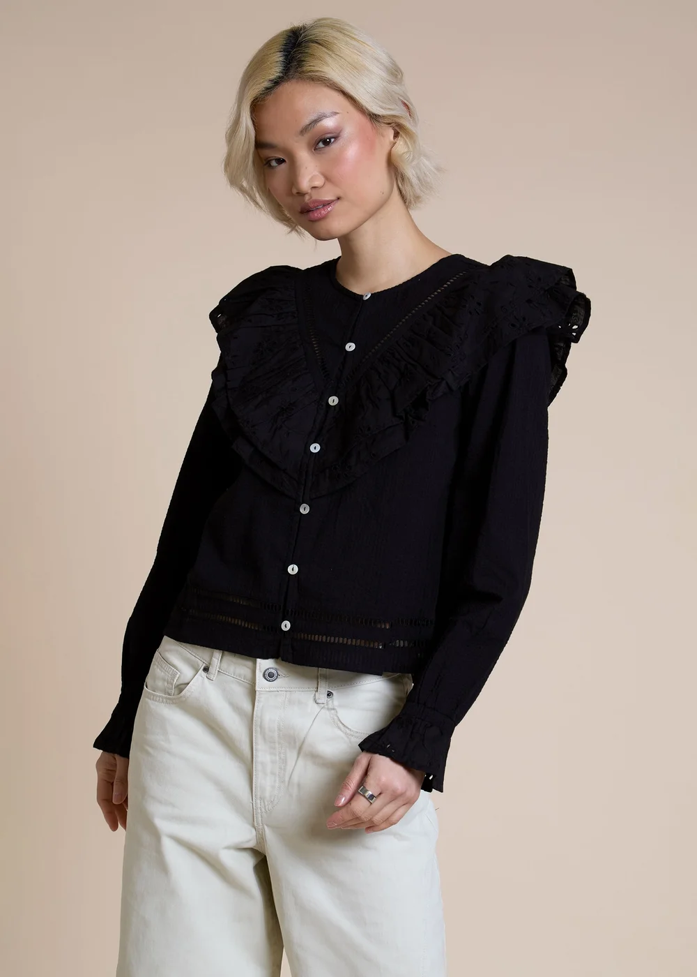 Neon Rose Black Cotton Seersucker Frill Detail Blouse - XS Image 1
