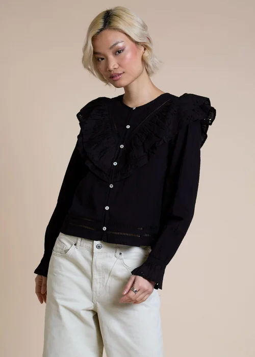 Neon Rose Black Cotton Seersucker Frill Detail Blouse - XS Image 1