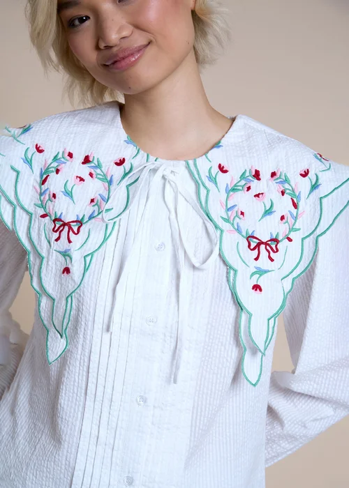 Neon Rose White Cotton Floral Embroidered Collar Blouse - M Image 3