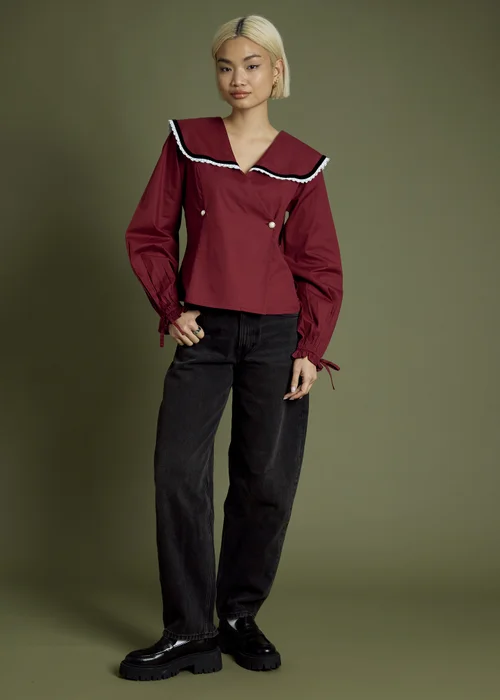 Neon Rose Burgundy Velvet Trim Collar Cotton Blouse - M Image 3