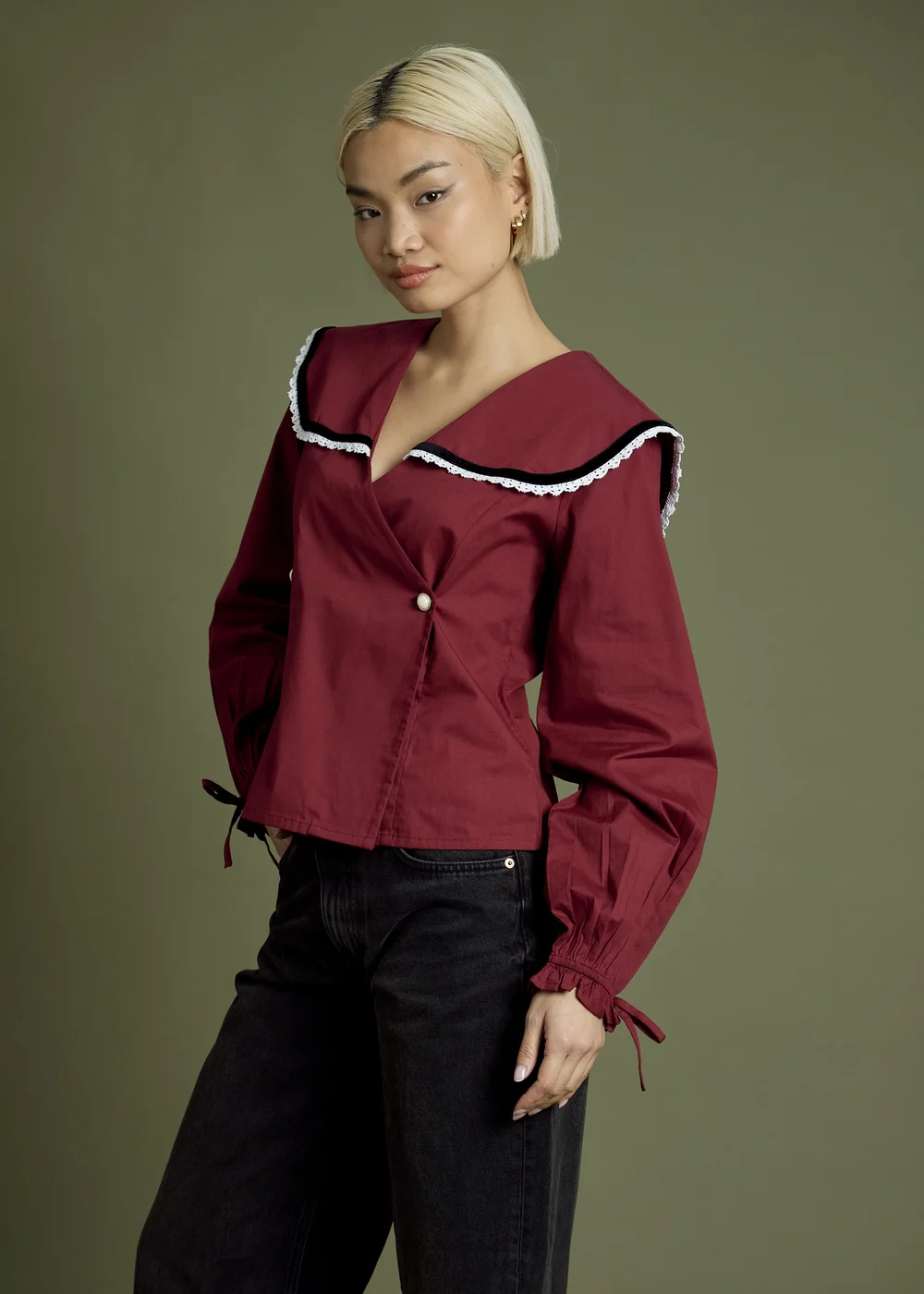 Neon Rose Burgundy Velvet Trim Collar Cotton Blouse - M Image 1