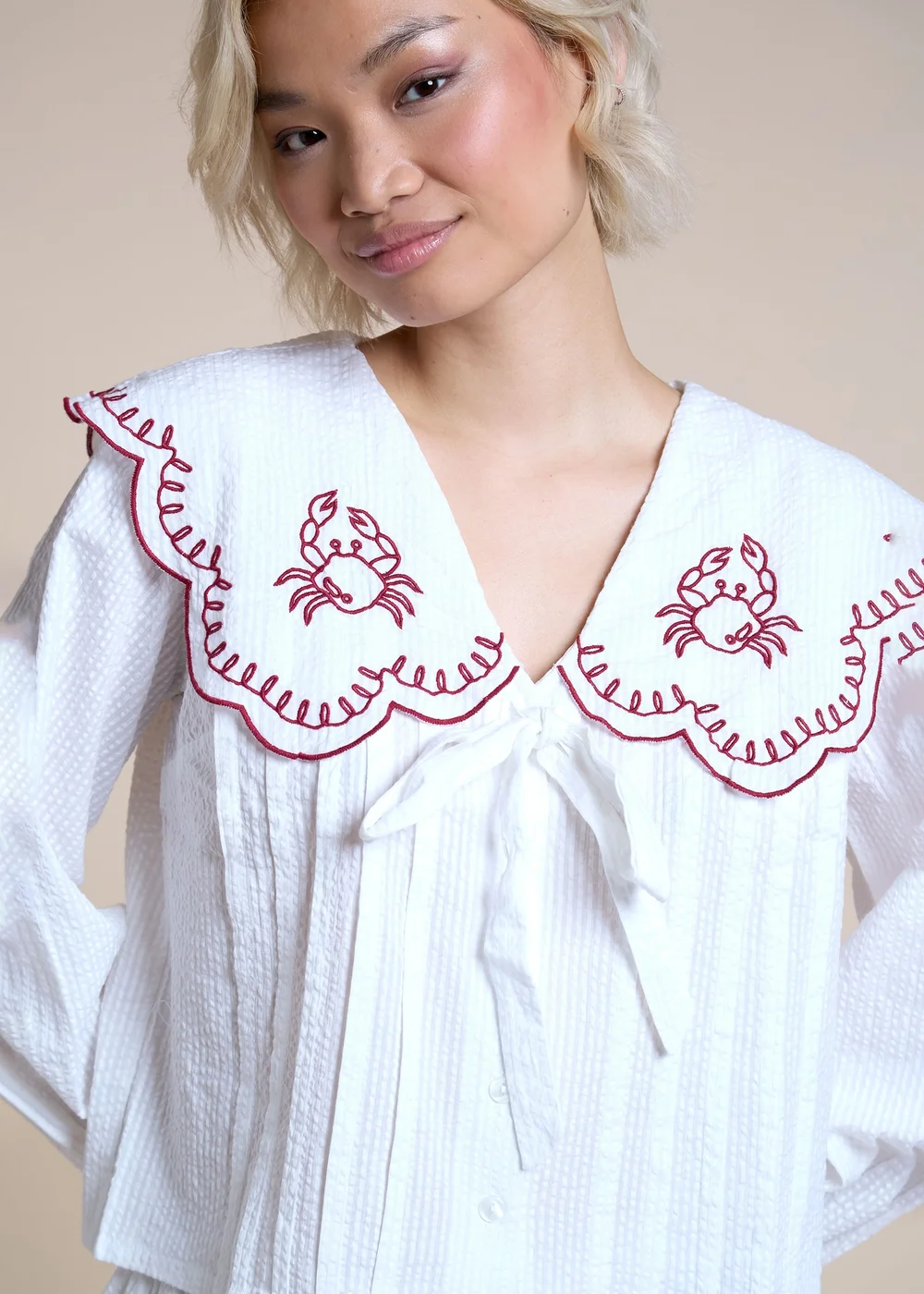 Neon Rose White Cotton Embroidered Scalloped Collar Shirt - S Image 5