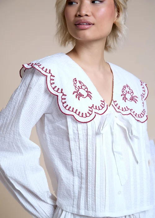 Neon Rose White Cotton Embroidered Scalloped Collar Shirt - S Image 3