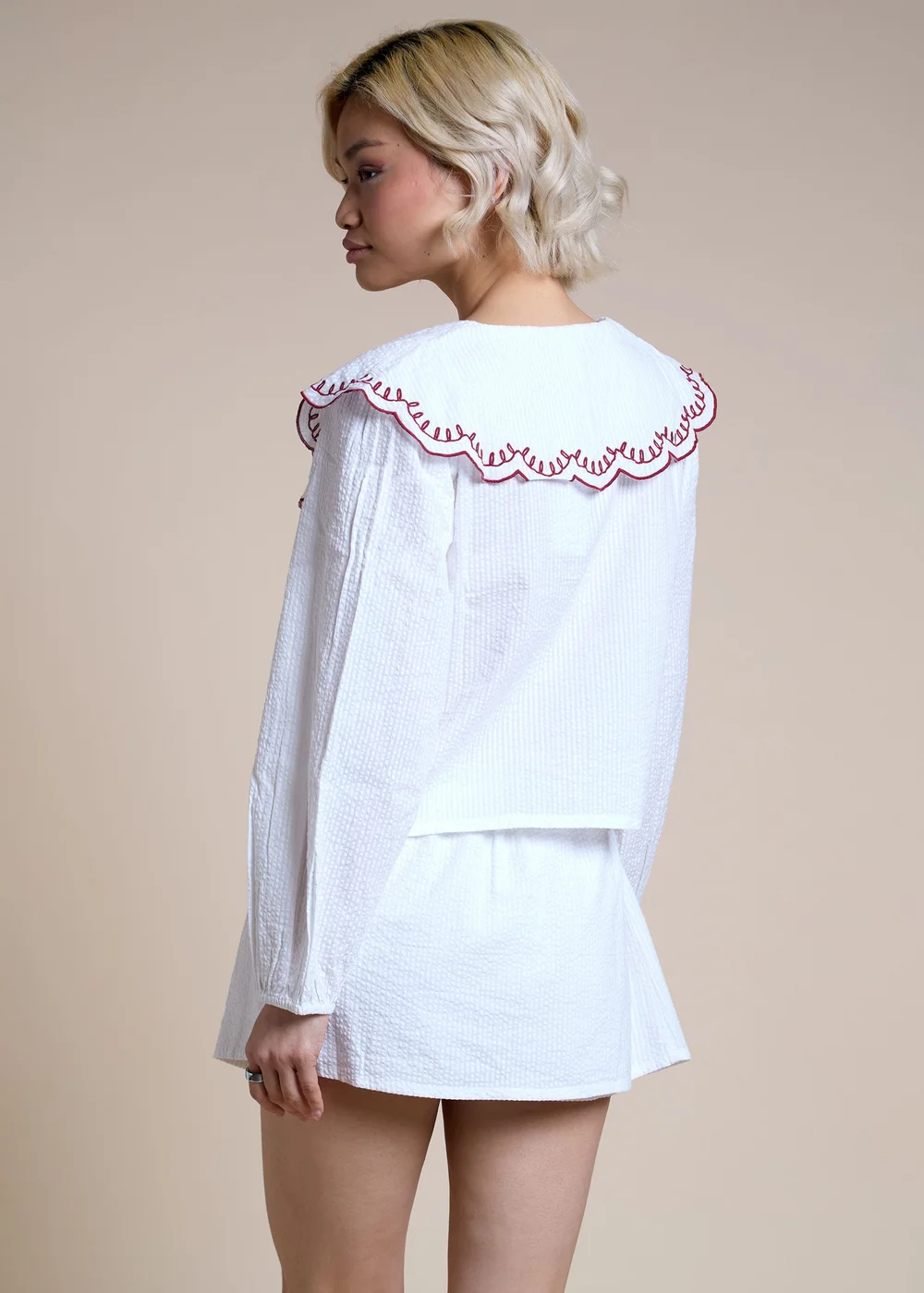 Neon Rose White Cotton Embroidered Scalloped Collar Shirt - S Image 2