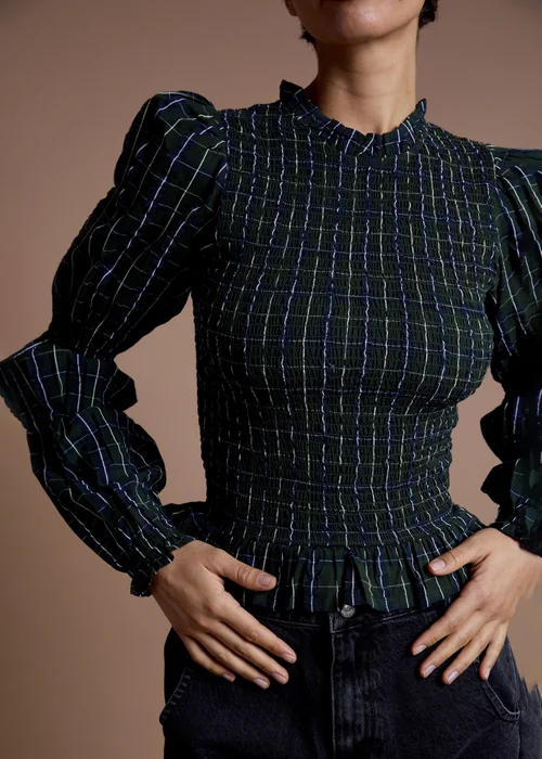 Neon Rose Dark Green Cotton Shirred Check Long Sleeve Top - S Image 3