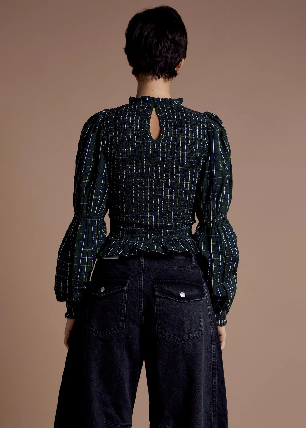 Neon Rose Dark Green Cotton Shirred Check Long Sleeve Top - S Image 2
