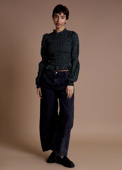 Neon Rose Dark Green Cotton Shirred Check Long Sleeve Top - S Image 1