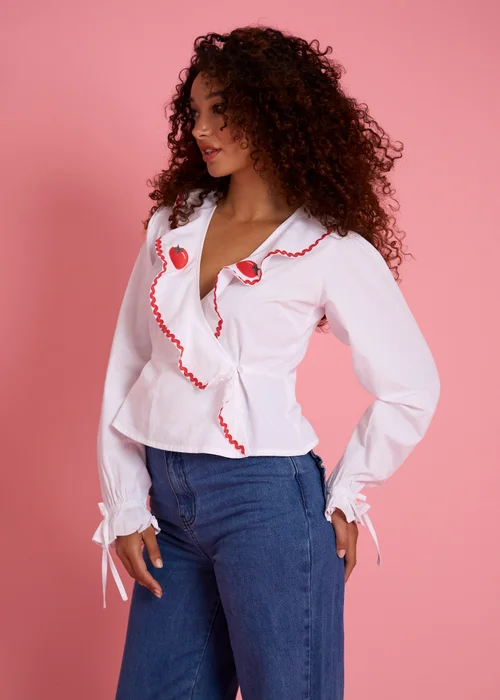 Neon Rose White Tomato Embroidered Cotton Wrap Blouse - XL Image 4