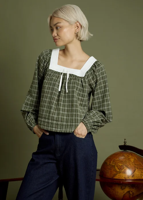 Neon Rose Green Check Square Neck Balloon Sleeve Blouse - S Image 1