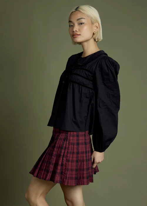 Neon Rose Black Bow Detail Cropped Cotton Blouse - S Image 5
