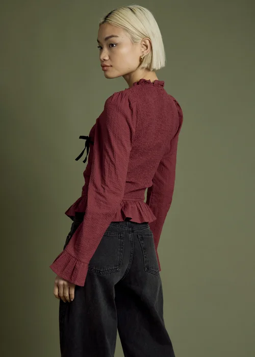 Neon Rose Burgundy Shirred Long Sleeve Blouse With Velvet Tie Details - L Image 2