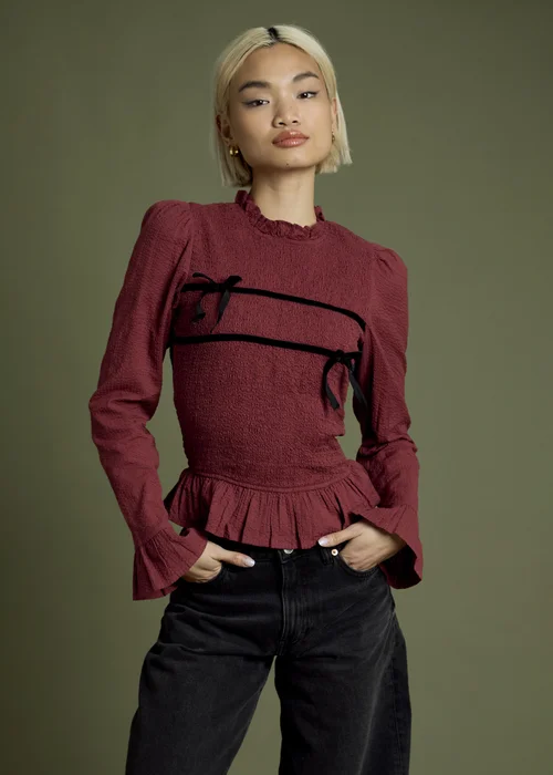 Neon Rose Burgundy Shirred Long Sleeve Blouse With Velvet Tie Details - L Image 1