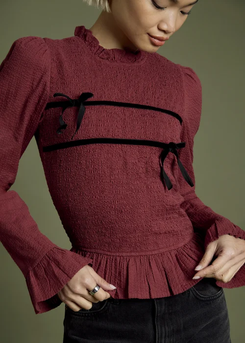 Neon Rose Burgundy Shirred Long Sleeve Blouse With Velvet Tie Details - L Image 3