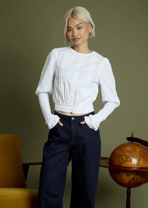 Neon Rose White Cotton Puff & Shirred Sleeve Blouse - S Image 1