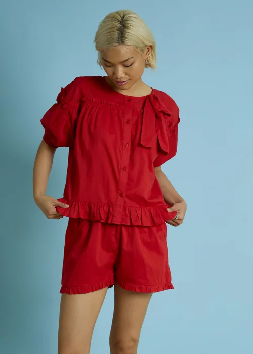 Neon Rose Red Bow Detail Puff Sleeve Blouse - S Image 5